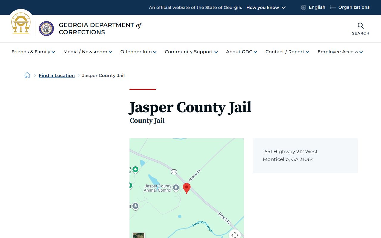 Jasper County Jail GDC location listing for inmate lookup