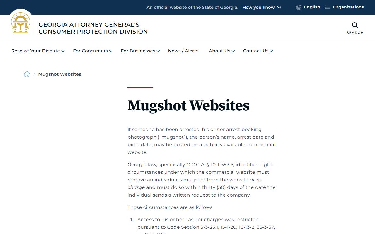 Georgia Attorney General mugshot websites information page